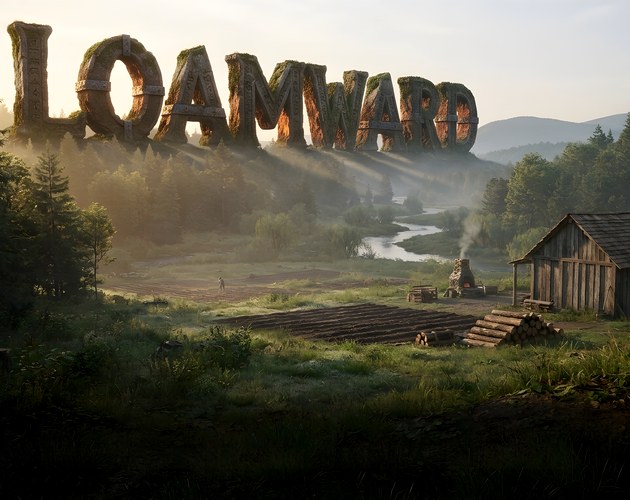 Loamward: mossy carved letters over a misty forest valley with a cabin and a tilled field